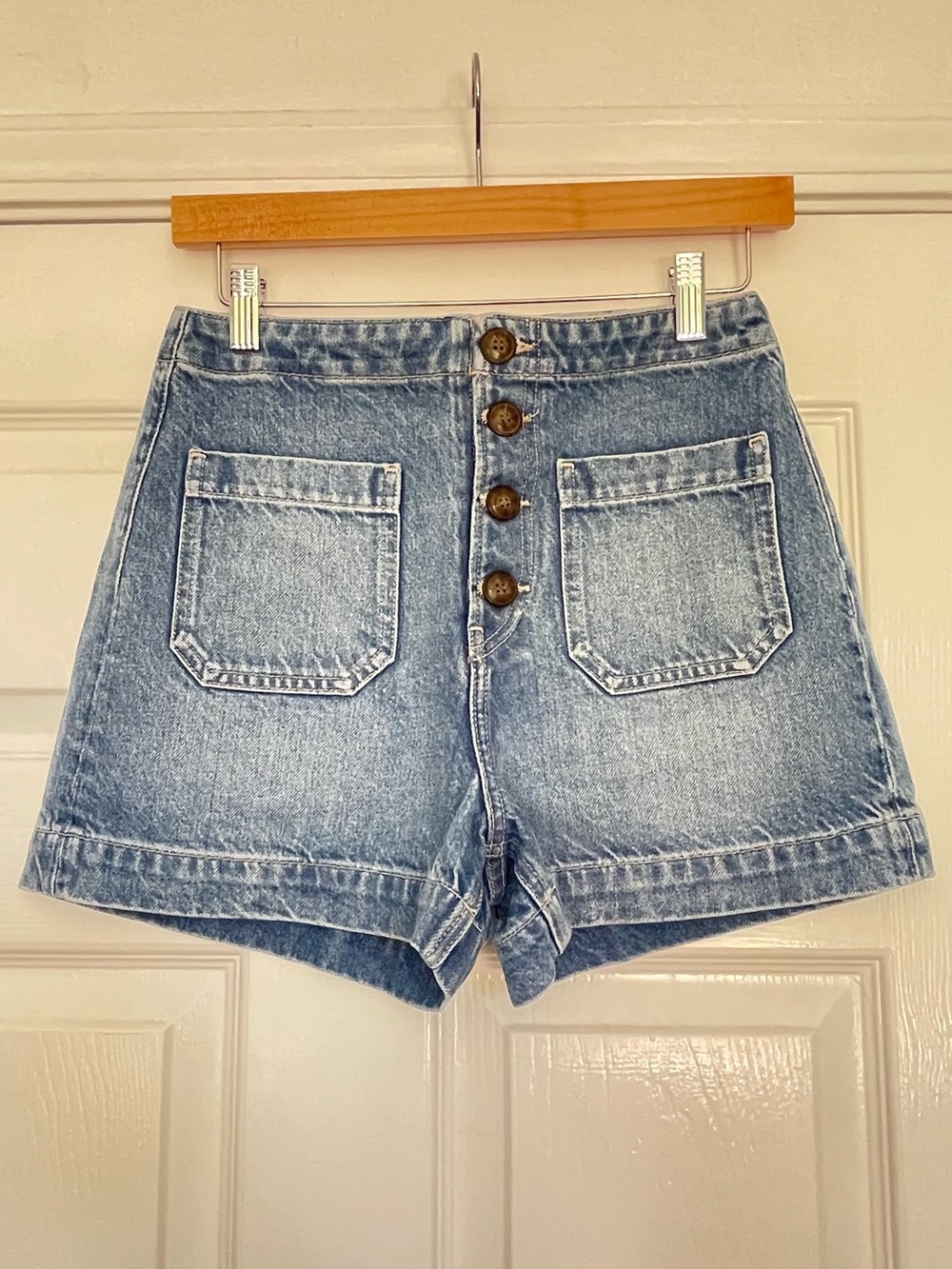 Reformation High-Waist Button-Front Denim Shorts in Light Blue Wash